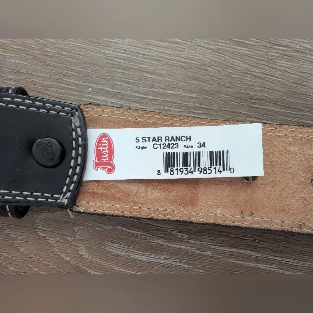 Justin 5 Star Ranch Concho Black Tooled Leather Belt Sz 34